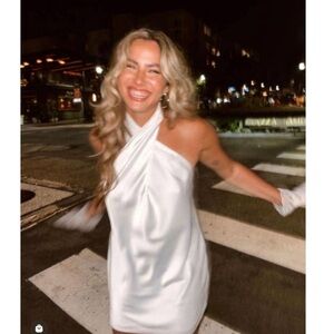 Show Me Your Mumu Jasmine Halter Mini Dress Ivory Luxe Satin L